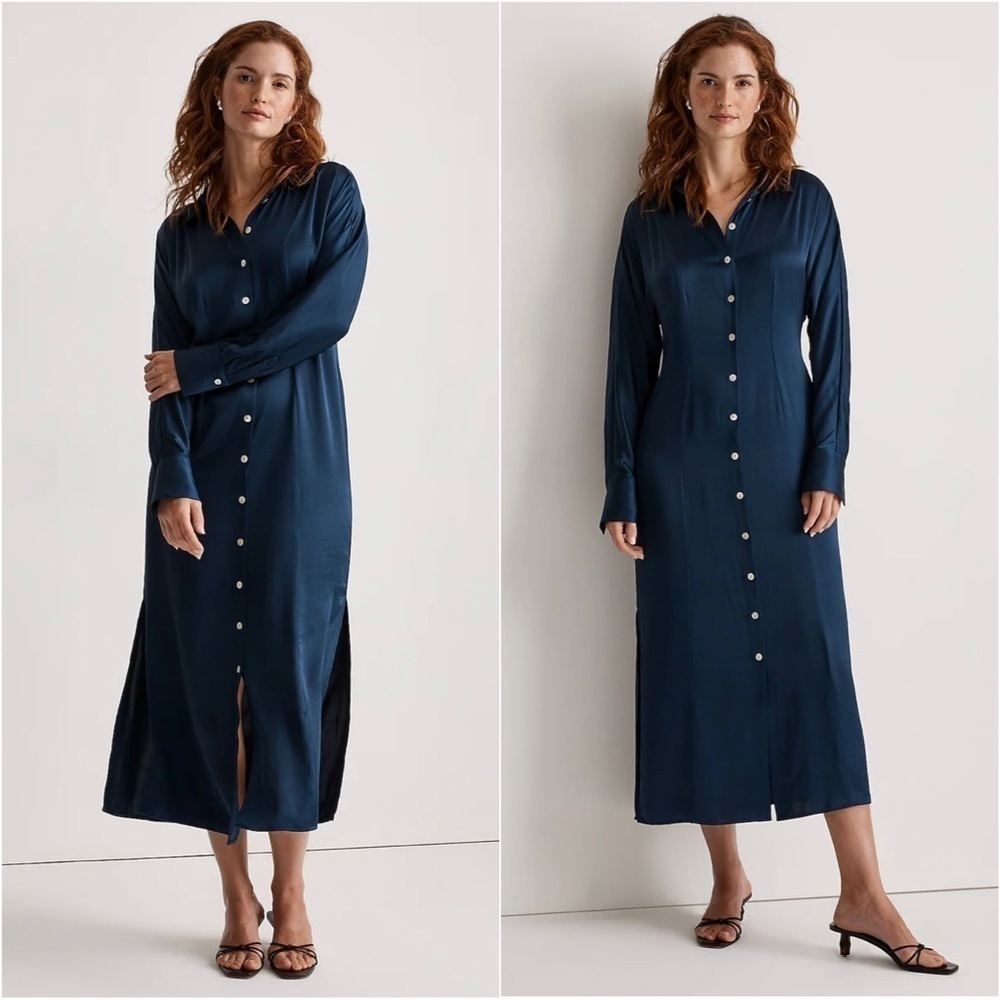 Madewell Dress Satin Button-Front Midi Classic Indigo 8 NWT New